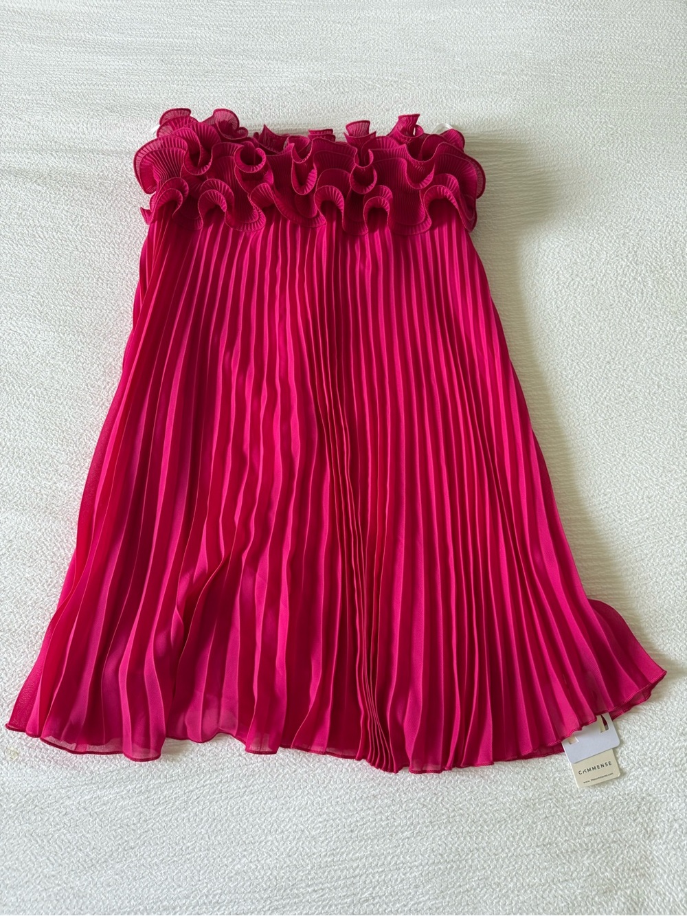Commense Fuchsia Pink Pleated Mini Dress with Ruffled Neckline